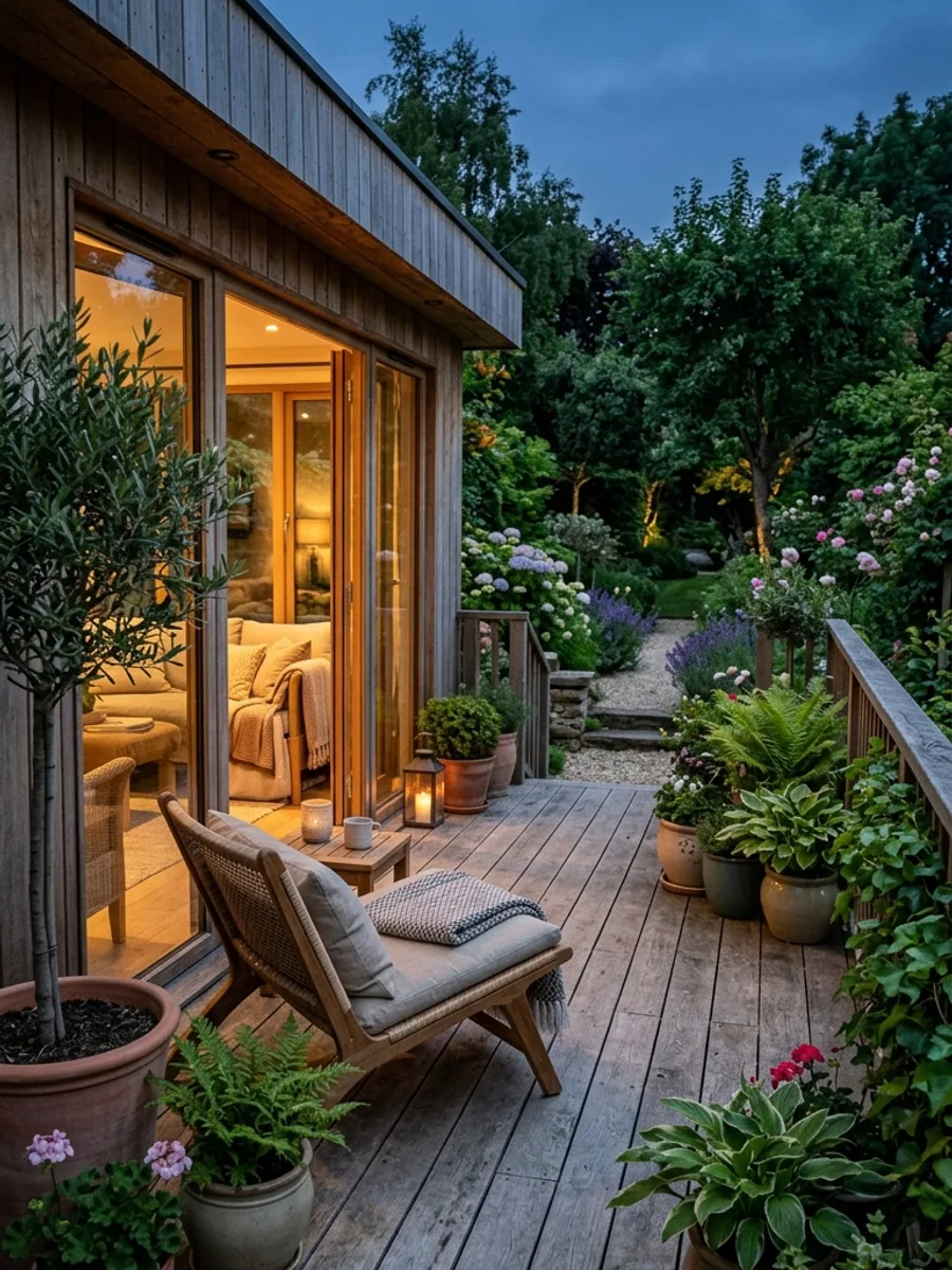 Terrasse en bois d'un module Nido à l'heure bleue