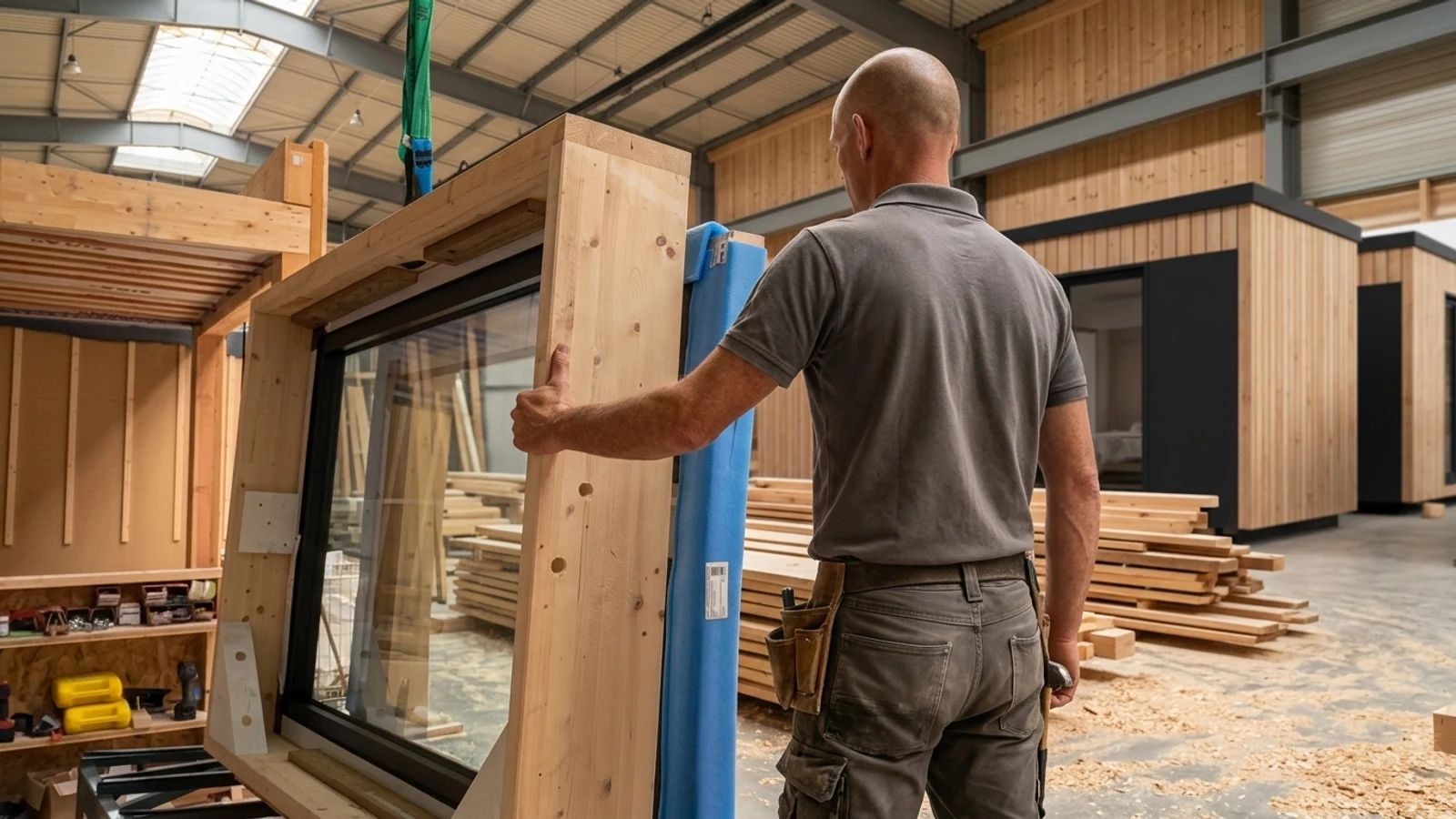 Usine Nido dans les Landes : un menuisier prépare une menuiserie en ossature bois en atelier